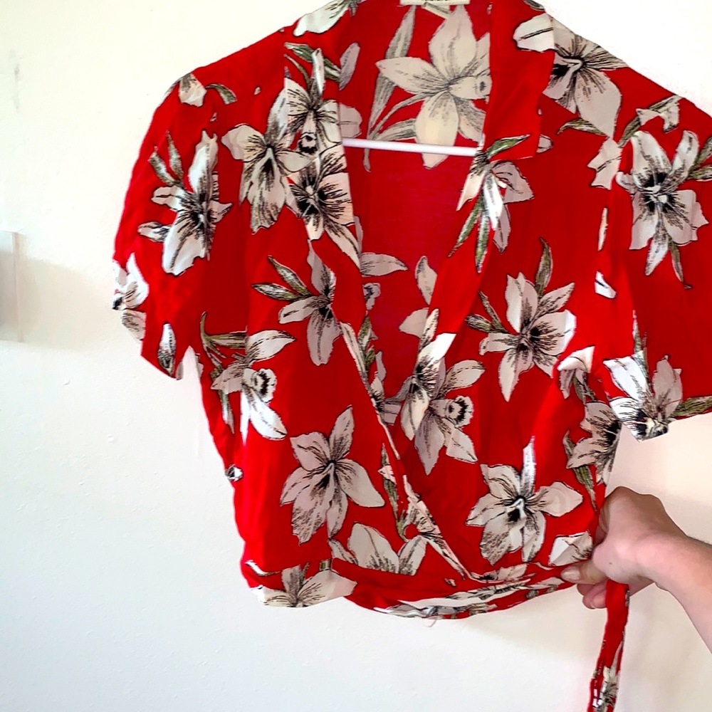 Red floral wrap top